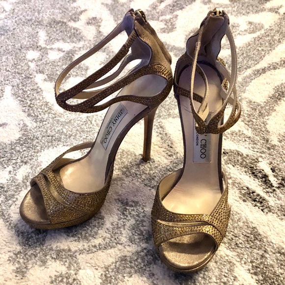 Jimmy Choo Shoes - Auth Jimmy Choo Gold/Tan Jeweled Heels